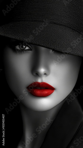 Wallpaper Mural Beautiful woman in black hat with red lips visible, black and white portrait. Torontodigital.ca