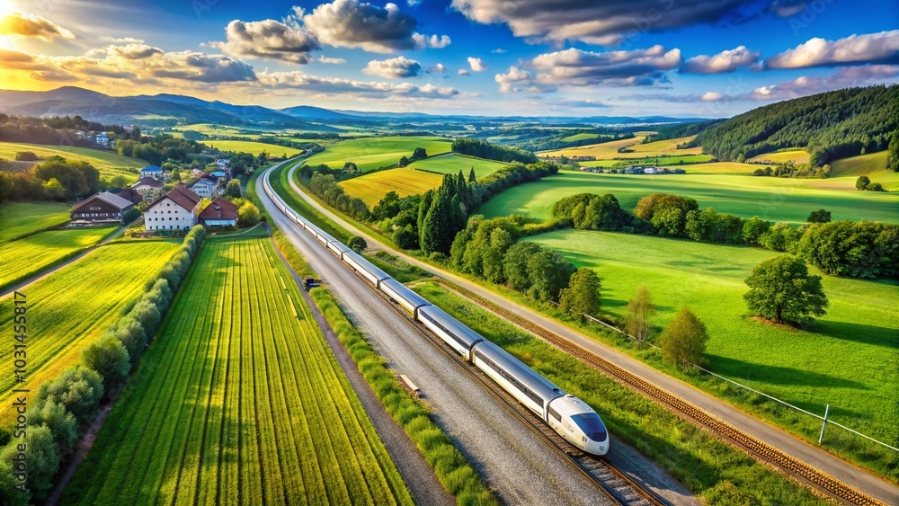 Fototapeta premium High-Speed Train in Picturesque Countryside - Modern Transport Wallpaper