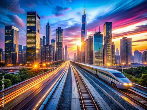 High-Speed Trains in Futuristic Cityscapes: Long Exposure Photography