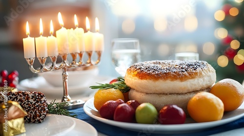 Glowing menorah with lit Hanukkah candles standing proudly on a festive table surrounded by traditional Hanukkah symbols like dreidels and gelt photo