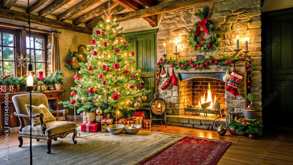 christmas tree in the interior, cozy room with christmas tree and crackling stove christmas tree in the interior, cozy room with christmas tree and crackling stove