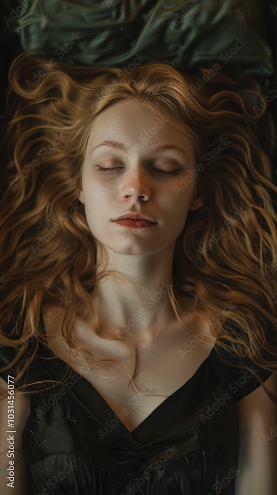 A young woman with long blonde hair lies with her eyes closed. A young woman with long blonde hair lies with her eyes closed.