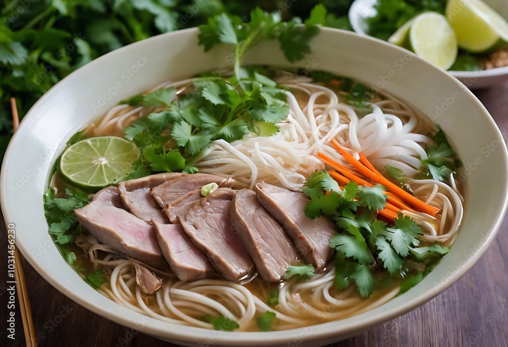 Traditional Vietnamese Soup Pho Bo with Rice Noodles, Beef and Herbs, Asian Cuisine Traditional Vietnamese Soup Pho Bo with Rice Noodles, Beef and Herbs, Asian Cuisine