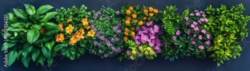 Vibrant Vertical Garden with Colorful Flowers and Plants Arranged in Horizontal Lines on Dark Blue Background