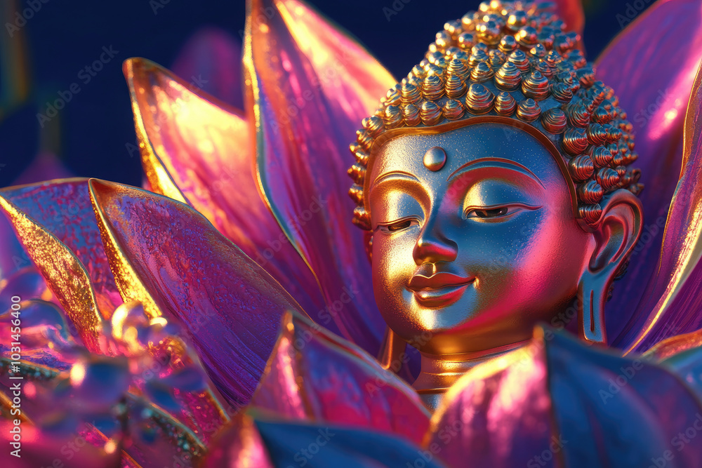 a golden buddha and a full-body shot of a lotus flower with vibrant colors and intricate details. a golden buddha and a full-body shot of a lotus flower with vibrant colors and intricate details.