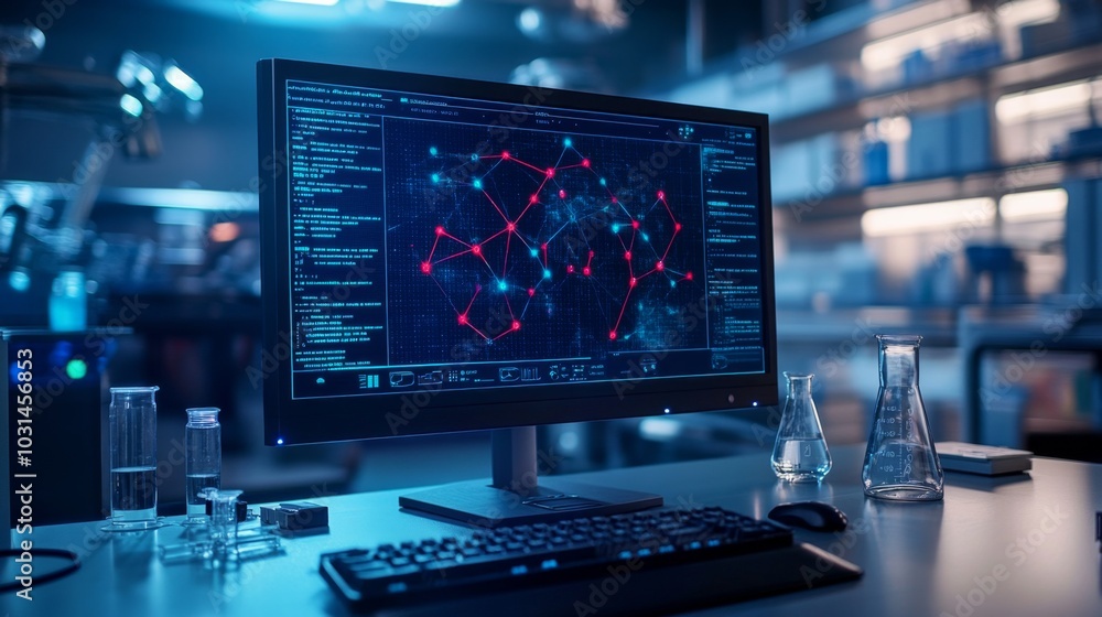 Modern computer monitor displaying network diagram with molecules, surrounded by lab equipment in a futuristic setting. Modern computer monitor displaying network diagram with molecules, surrounded by lab equipment in a futuristic setting.
