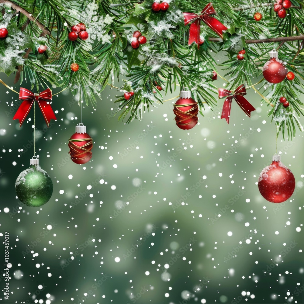 Naklejka premium Snowy Evergreen Branch with Hanging Christmas Ornaments