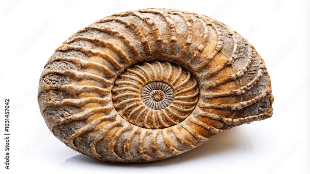 Close-up ammonite fossil rock isolated on a white background Close-up ammonite fossil rock isolated on a white background