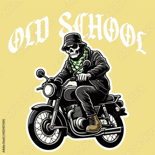 Vector graphic of Skull ridding motorcycle wear bucket hat casual style Old School