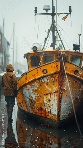 Rusty Fishing Boat Docked in Harbor