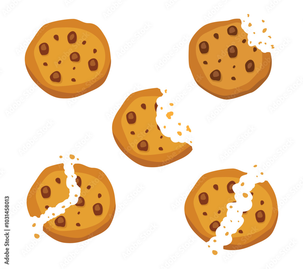 Chocolate chip cookies with crumbles bitten and broken Chocolate chip cookies with crumbles bitten and broken