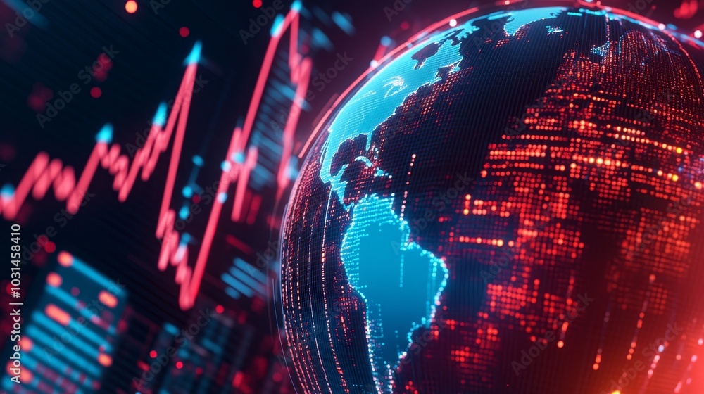 Obraz premium Global inflation forecast analysis with interconnected 3D graphs and arrows.