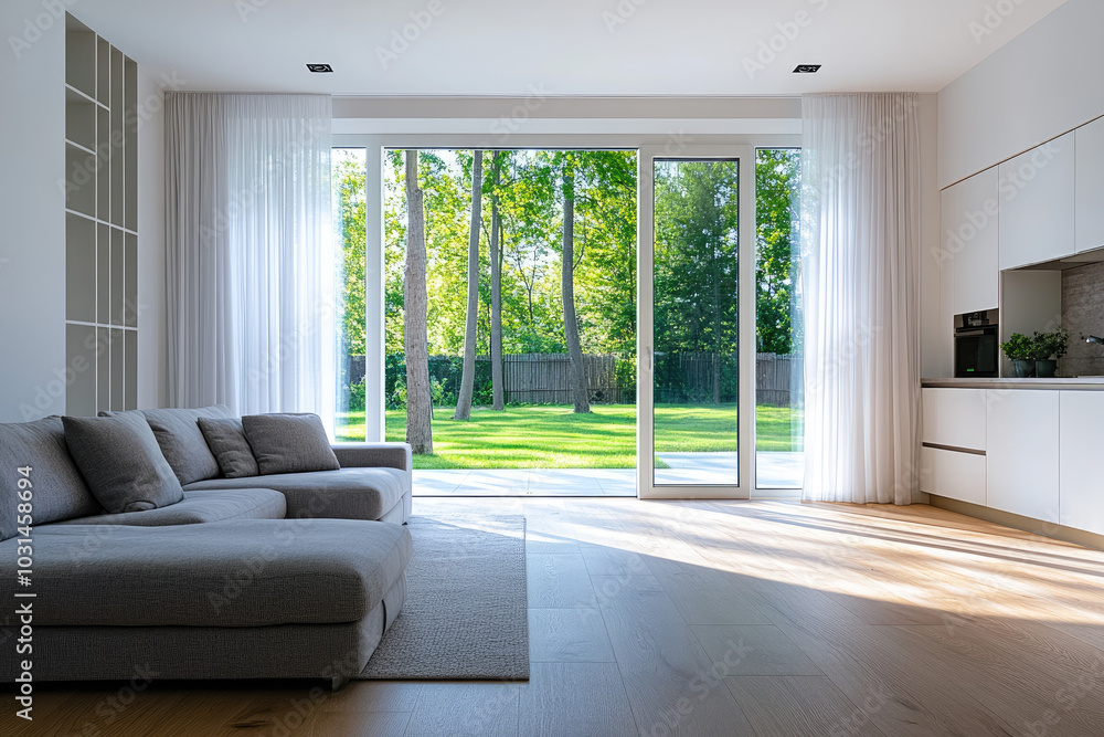 A modern, open-concept living room with white walls and light wood floors. Grey couches and a glass table in the center of the room face large windows that look out to a backyard with trees. A modern, open-concept living room with white walls and light wood floors. Grey couches and a glass table in the center of the room face large windows that look out to a backyard with trees.