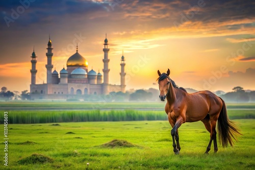 Close-Up landscape with horse and great mosque background photo