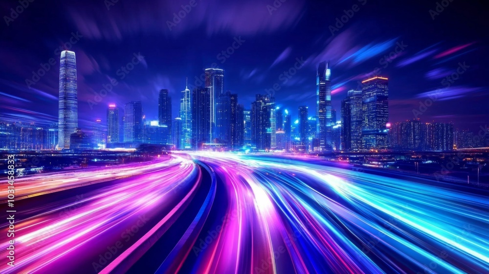 Fototapeta premium Vibrant City Skyline at Night with Colorful Lights and Dynamic Energy, Featuring Mix of Modern High-rise Structures.