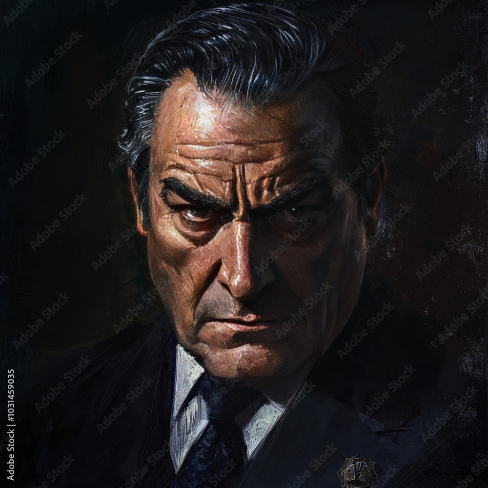A detailed portrait of a mafia boss in a dark suit, with piercing eyes and a calm, calculating demeanor, exuding power and menace A detailed portrait of a mafia boss in a dark suit, with piercing eyes and a calm, calculating demeanor, exuding power and menace