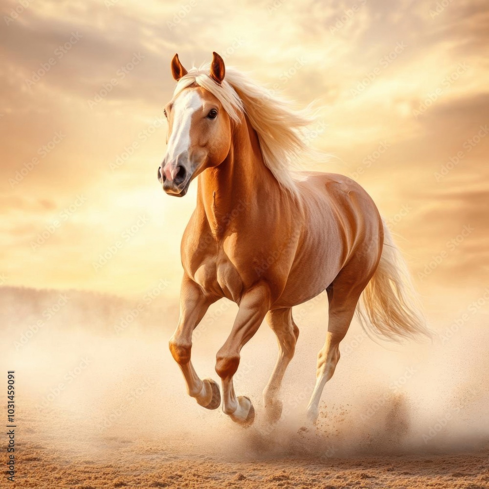 Obraz premium A powerful horse gallops through a dusty landscape at sunset, showcasing its beauty and strength in vibrant, golden light.
