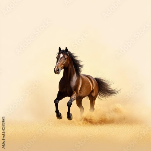 A majestic horse gallops through golden fields, showcasing its strength and beauty in a serene natural setting.