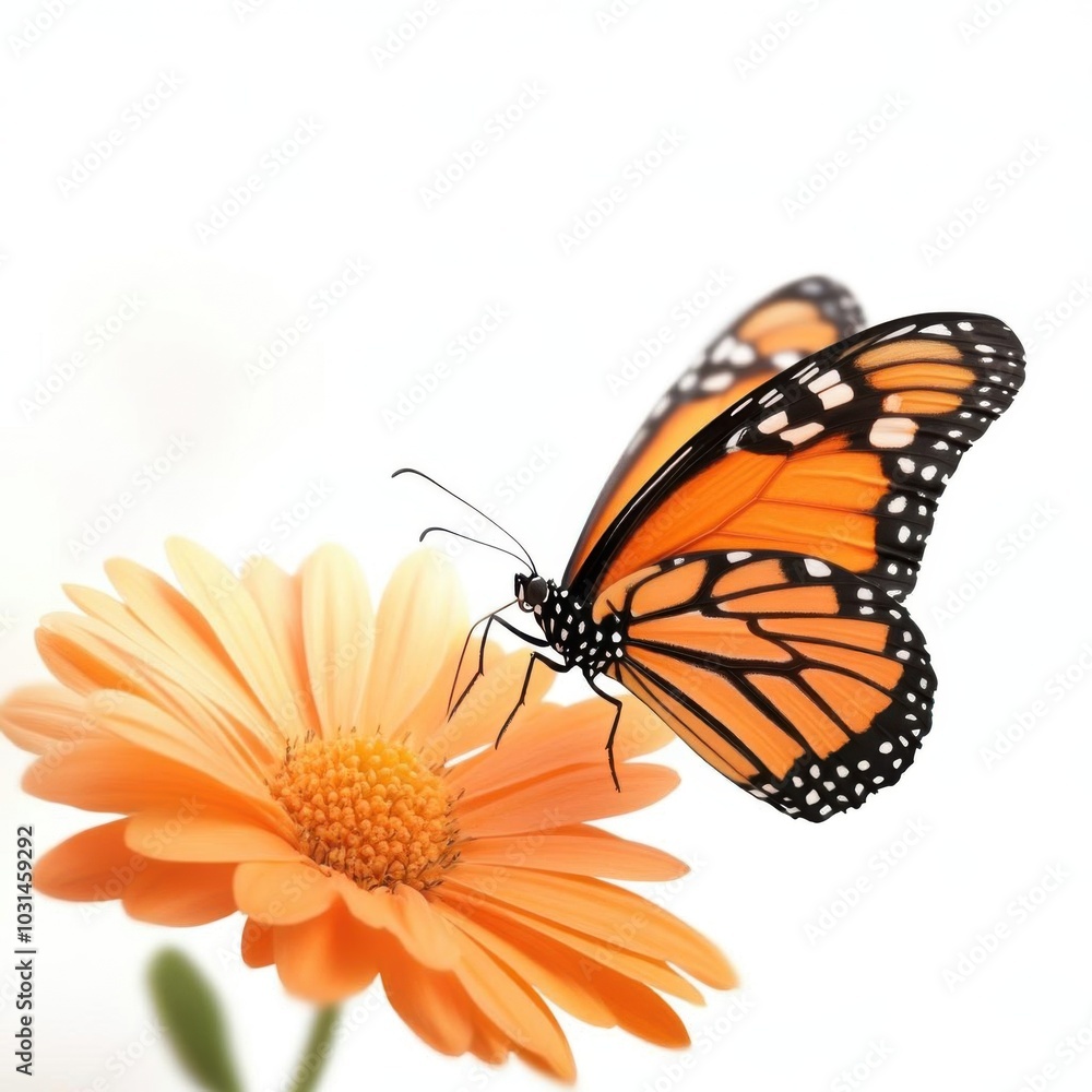 Obraz premium A vibrant butterfly perched on a beautiful orange flower, showcasing nature's delicate beauty and colorful patterns.