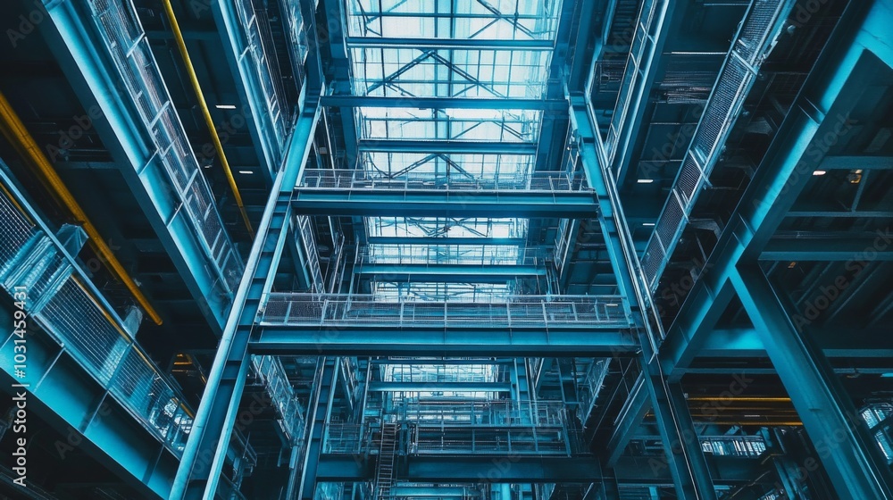 Modern Industrial Interior with High Ceilings, Glass Windows, Metal Beams, and Blue Color Scheme for Bright and Airy Feel Modern Industrial Interior with High Ceilings, Glass Windows, Metal Beams, and Blue Color Scheme for Bright and Airy Feel