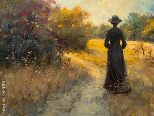 Woman Walking Through a Golden Field - Autumn Landscape Painting