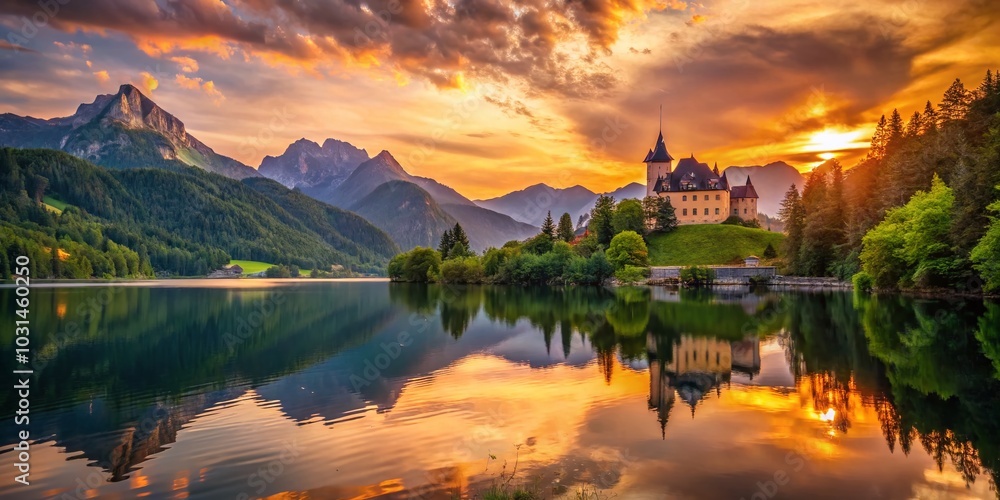 Idyllic Castle Landscape at Sunset - Serene Lake and Mountains Idyllic Castle Landscape at Sunset - Serene Lake and Mountains