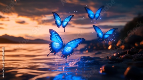realism neon lighting Mystical blue butterflies hovering over the water on the sea shore 