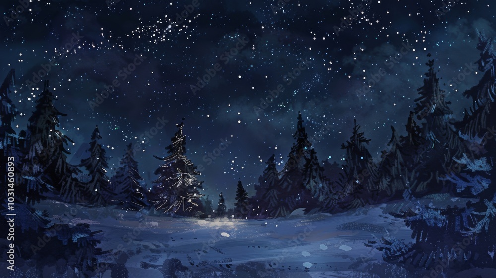 Fototapeta premium A Snowy Forest Under a Starry Night Sky