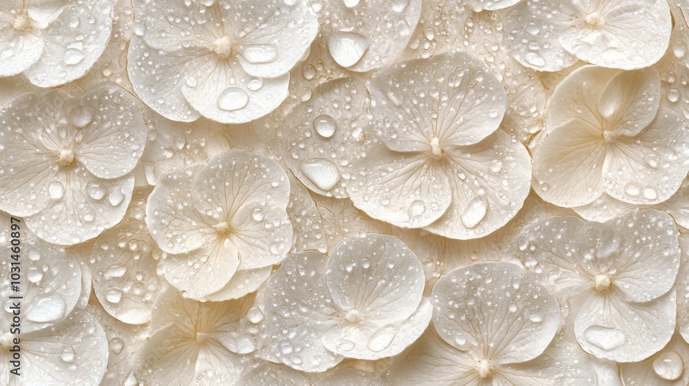 Close-up of white hydrangea flowers with water droplets on the petals, Close-up of white hydrangea flowers with water droplets on the petals,