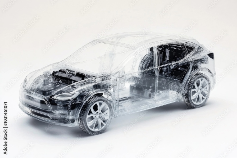 Naklejka premium 3D Rendering of Transparent Car with Multilayered Plastic, Showing Front View and 360-Degree Visibility.
