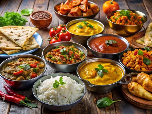 Indian Takeaway Dinner in Plastic Containers with Delicious Food on Table and Plates with Bread