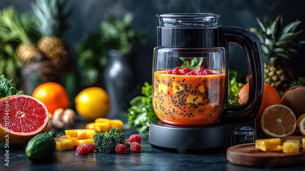 Vibrant fruit smoothie preparation in a modern kitchen with colorful ingredients and fresh produce displayed Vibrant fruit smoothie preparation in a modern kitchen with colorful ingredients and fresh produce displayed