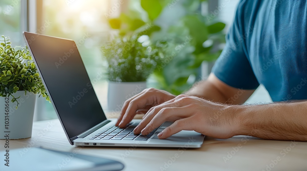 Naklejka premium Freelance professional typing on laptop in a quiet minimalist coworking space with natural lighting and greenery creating a productive and inspiring work environment