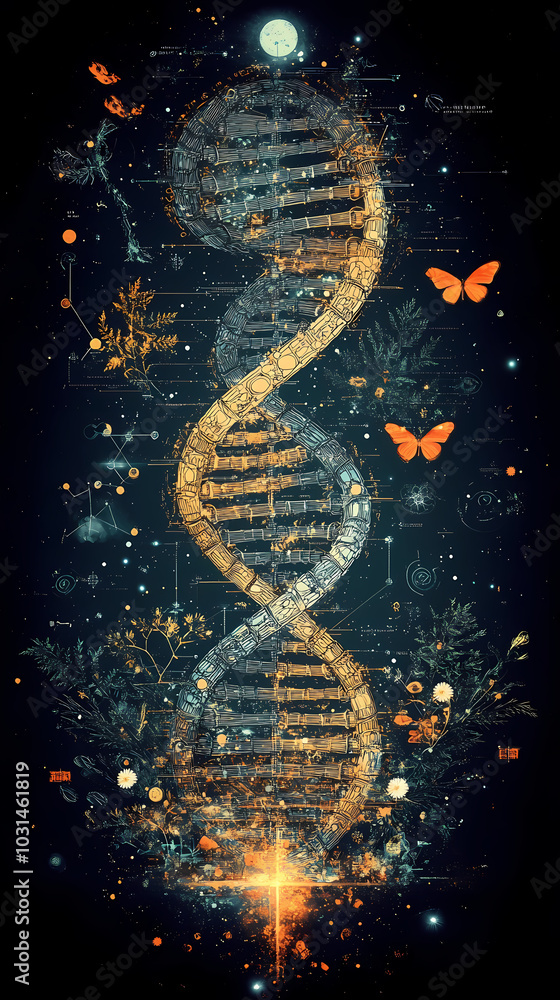 Close-up of double-stranded DNA with butterflies Close-up of double-stranded DNA with butterflies