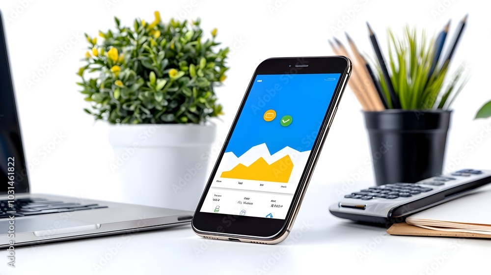 Overhead view of a phone screen displaying a productivity app surrounded by various tech devices and accessories in a clean modern workspace setup Overhead view of a phone screen displaying a productivity app surrounded by various tech devices and accessories in a clean modern workspace setup