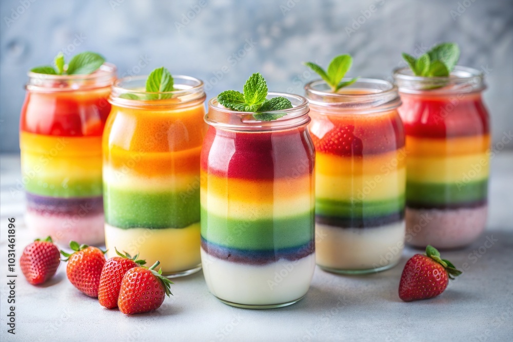 Layered rainbow smoothies with mint in glass jars and strawberries Layered rainbow smoothies with mint in glass jars and strawberries