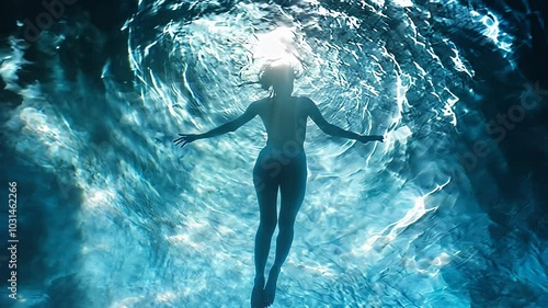 Silhouette of Woman Swimming Underwater in Glowing Pool