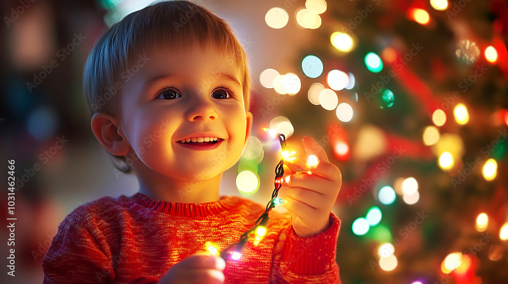 Joyful Child Holding Bright Christmas Lights Joyful Child Holding Bright Christmas Lights