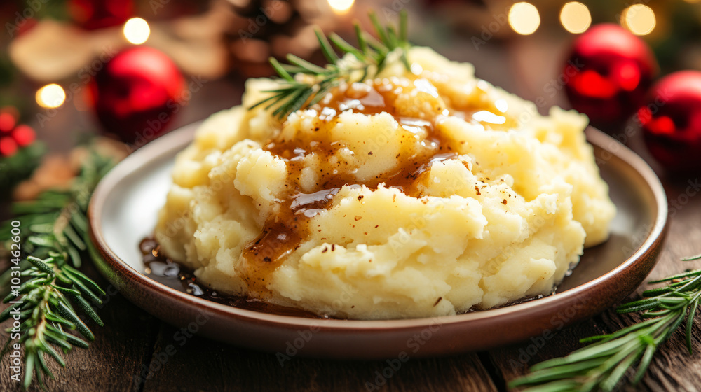 Homemade Mashed Potatoes with Gravy on Rustic Table Homemade Mashed Potatoes with Gravy on Rustic Table