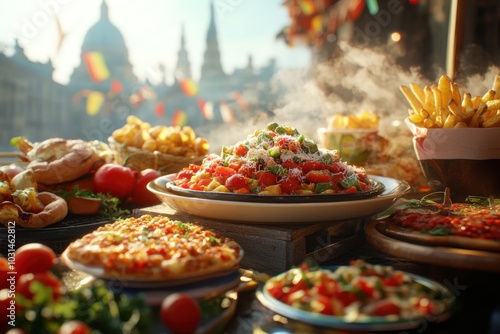 European Street Food Scene with Colorful Dishes