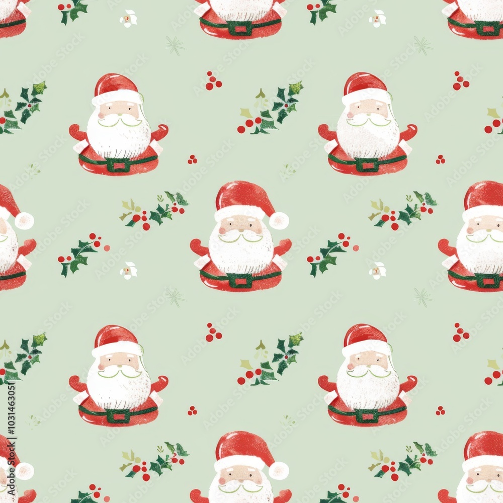 Seamless Pattern of Jolly Santa Claus with Festive Holly and Berries on a Green Background Seamless Pattern of Jolly Santa Claus with Festive Holly and Berries on a Green Background