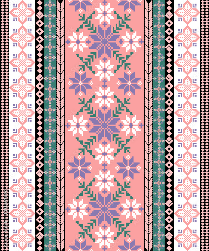 Art Abstract with Floral Pixel Designs. Traditional Cross Stitch needlework. Geometric Ethnic Pattern, Embroidery, Textile Ornamental, Fabric, Hand Stitch Pattern, Cultural Stitching Pixel Art Art Abstract with Floral Pixel Designs. Traditional Cross Stitch needlework. Geometric Ethnic Pattern, Embroidery, Textile Ornamental, Fabric, Hand Stitch Pattern, Cultural Stitching Pixel Art