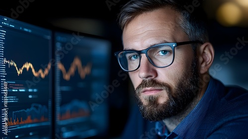 Concentrated data analyst closely examining financial graphs charts and analytics on a dual monitor workstation focused on identifying key insights and trends to drive business decisions