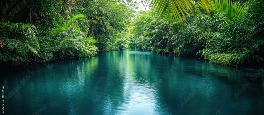 Fototapeta premium A still, blue river winding through a dense jungle, with lush green foliage lining its banks.