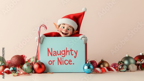 A playful illustration of a elf peeking out from behind a giant gift box labeled 