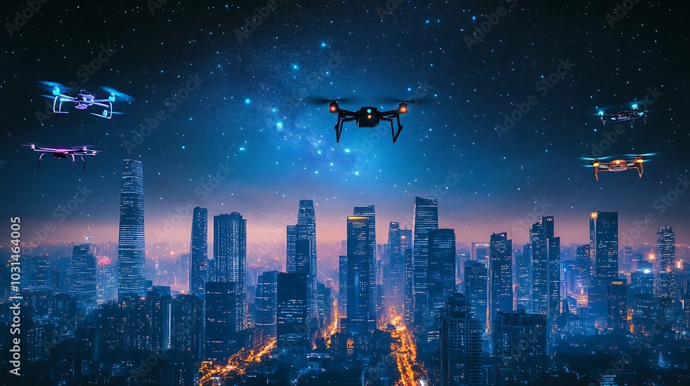 Five drones flying over a modern cityscape at night with a starry sky in the background. Five drones flying over a modern cityscape at night with a starry sky in the background.