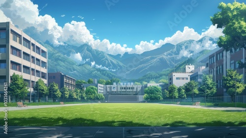 A Japanese School Campus with Mountain Views