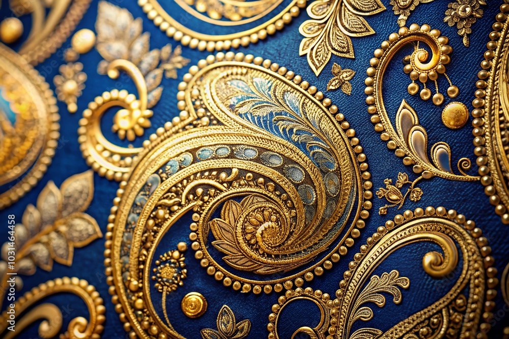 Intricate Golden Paisley Pattern on Blue Background for Seamless Textile Design Intricate Golden Paisley Pattern on Blue Background for Seamless Textile Design