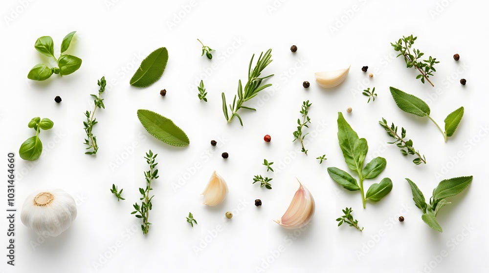 garlic and herbs on white background. garlic and herbs on white background.