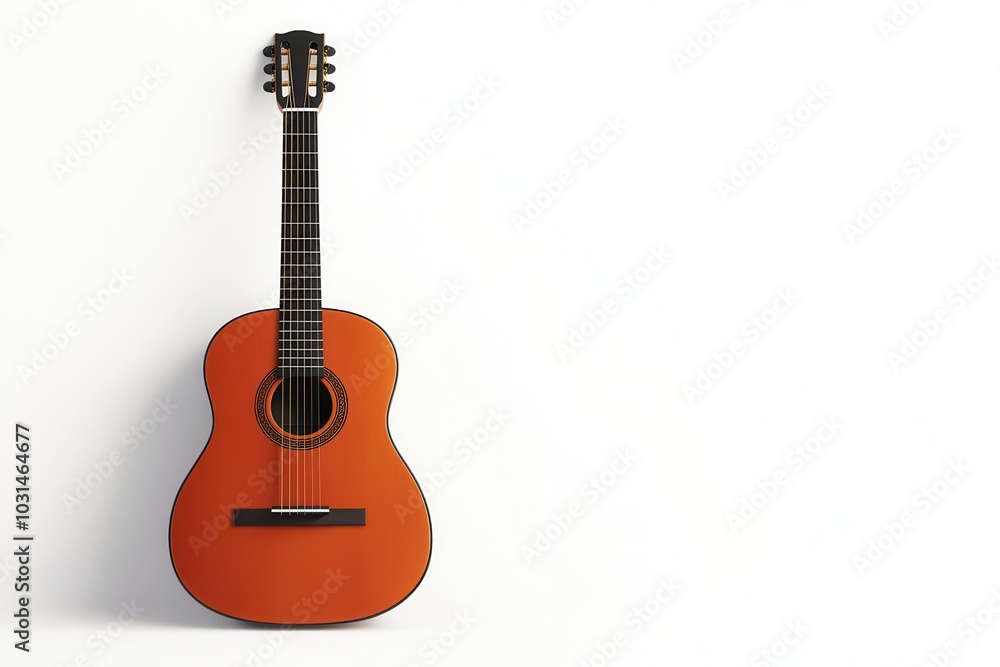 Acoustic guitar leaning against white background, showcasing its beautiful wood finish and classic design. This captures essence of music and creativity Acoustic guitar leaning against white background, showcasing its beautiful wood finish and classic design. This captures essence of music and creativity